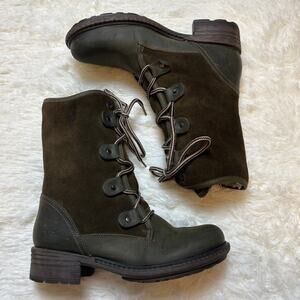 Bos & Co Leather Suede Olive Green Fur Lined Lace Up Boots Size 37/6-6.5